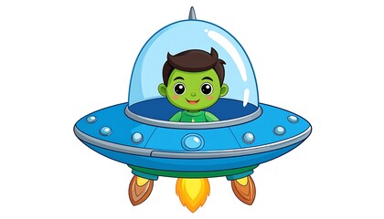 Cartoon alien child in a flying saucer