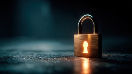 Fototapeta premium A glowing, golden padlock sits centered on a dark, wet, textured surface, hinting at security