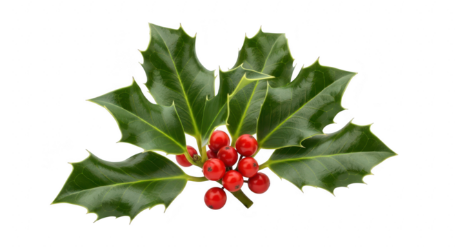 Festive holly branch with vibrant green leaves and bright red berries isolated on transparent background, perfect for christmas cards, holiday decorations, and seasonal designs