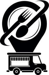 Street food truck location icon with utensils and orbiting swirls graphic design