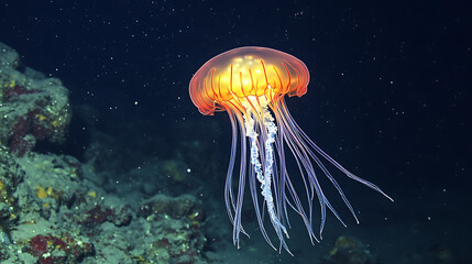 A jellyfish with transparent data-conductive tendrils glowing in the deep sea 
