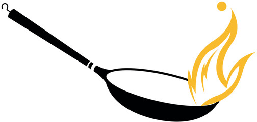 Frying pan with flames cooking food hot flame cooking equipment kitchen utensil in action