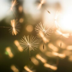 Naklejka premium Delicate dandelion seeds drifting gracefully in the golden light of early morning creating