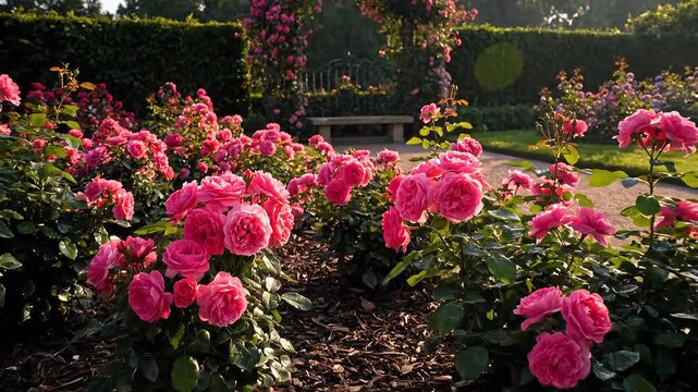 Beautiful Pink Roses Blooming in a Lush Garden on a Sunny Day.