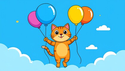 Cartoon cat floats on balloons in sky