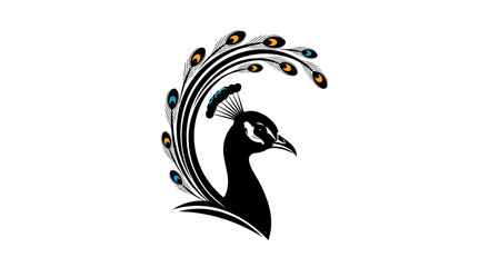 Fototapeta premium Elegant black peacock with a vibrant fanned tail adorned with colorful feathers.