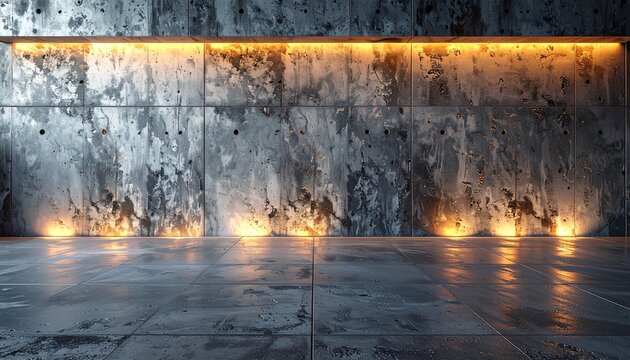 Dramatic industrial concrete wall and floor background with warm uplighting and downlighting, creating a modern and raw architectural space