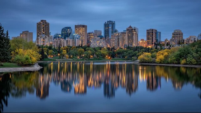 Calgary Skyline Reflection at Dusk - Serene Cityscape View.