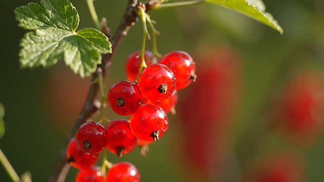Close up of ripe red currants on a branch in the sunlight.