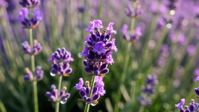 Close up of beautiful purple lavender flowers blooming in a field.