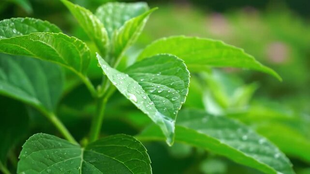 Close up of vibrant green leaves with water droplets in nature.