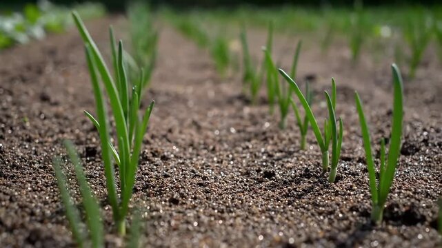 Close up of young green plants growing in the soil outdoors.