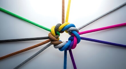 A colorful circle of knotted ropes, symbolizing unity, teamwork, and connection, with each rope representing a different element coming together in harmony and strength