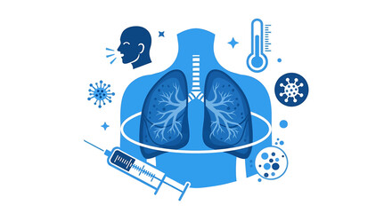 Illustration of human lungs with virus particles, thermometer, syringe, and coughing person, symbolizing respiratory illness and vaccination