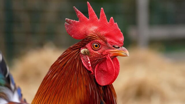 Closeup of a majestic rooster with vibrant red comb and wattles showcasing its beautiful plumage and alert expression in a natural outdoor setting.