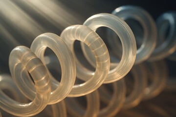 Macro photo of a translucent coiled shape-memory polymer reacting to light and temperature. The composition captures the smooth flexibility and responsive behavior of smart materials used in advanced 