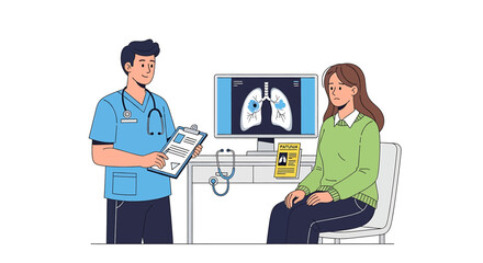 Male doctor discussing lung x-ray results with a female patient during a medical consultation in a clinic office.