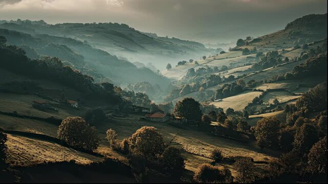Misty Morning Sunlight Over Rolling Green Hills and Valleys.