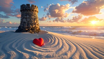 A seaside scene showcasing a weathered stone tower, a red heart in the sand, and a beautiful sunrise over a wavy ocean