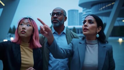 Diverse team of professionals collaborating on futuristic technology project. - Powered by Adobe