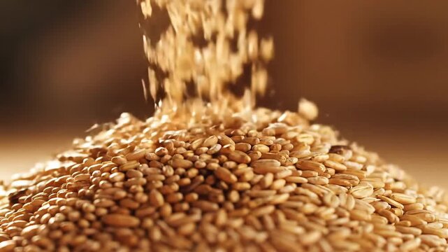 Closeup of grains pouring creating a pile food and agriculture concept.