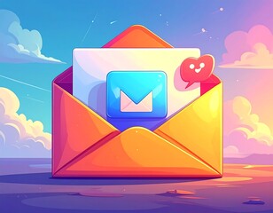 Cartoon email open in envelope, sunset sky
