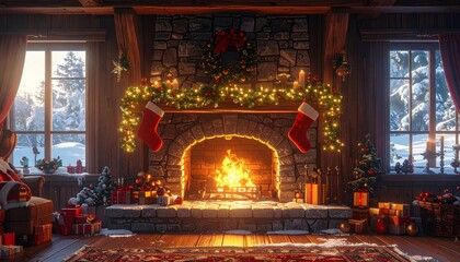 fireplace christmas, cozy fireplace scene with stockings and garland
