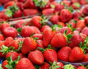 Close-up of fresh, ripe, red fruit, stacked in clear containers