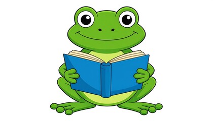 Cartoon frog holding open blue book