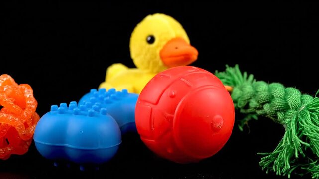 Collection of colorful pet toys including a rubber duck and balls.
