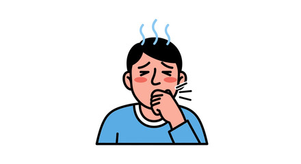 Illustration of a person coughing with steam coming from their head, indicating illness or fever.