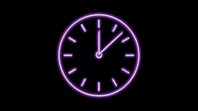 Vibrant purple neon clock face glows intensely against a deep black background, symbolizing urgency and modern timekeeping.
