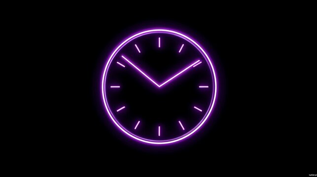 Stunning purple neon clock face glows vibrantly against a dark backdrop, symbolizing time's passage and modern design concepts.