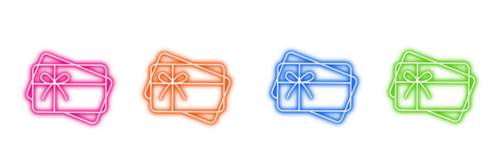 Neon glowing gift box vector icons set, present, celebration, holiday, surprise, vibrant colorful digital design illustration on transparent