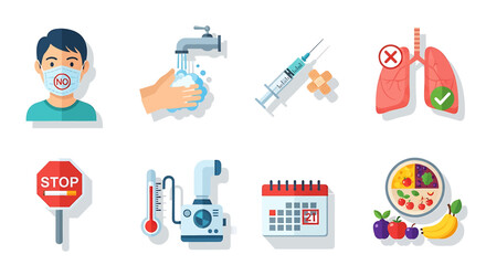 Fototapeta premium Collection of icons representing health and medical concepts, including a person wearing a mask, hand washing, vaccination, lung health, stop sign, thermometer, calendar, and healthy food.