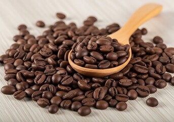 Fototapeta premium Roasted Coffee Beans with Wooden Spoon on Textured Surface