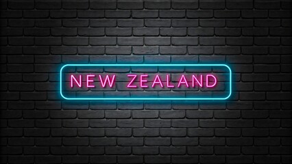 Fototapeta premium Neon new zealand sign glowing on dark brick wall background 