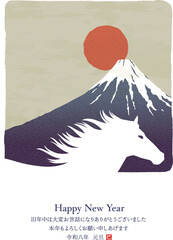 午年の年賀状テンプレート　馬と富士山と日の出