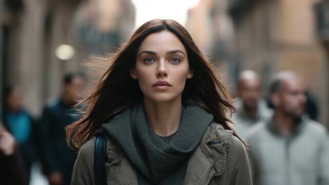 Young woman portrait walking urban street with windblown hair and neutral expression, cozy layered coat and scarf, focused expression soft natural light, cinematic mood with blurred pedestrians