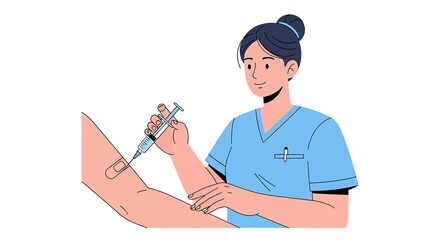 A female healthcare worker in blue scrubs administers an injection to a patient's arm, illustrating a medical procedure or vaccination.