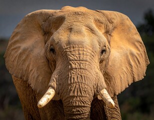 Close-up portrait of an elephant gazing directly at the camera