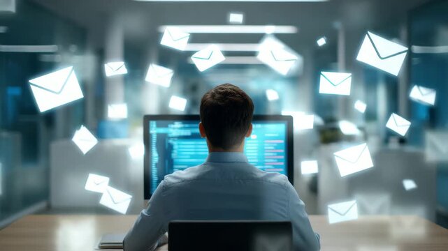 Man computer office surrounded by floating email icons and glowing notifications showing busy inbox and focused work atmosphere office worker email notification inbox computer screen technology