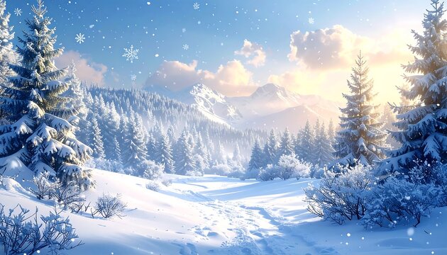 A serene winter landscape depicting snow-covered evergreens, a winding path, and distant snow-capped mountains under a bright, snowy sky - Powered by Adobe