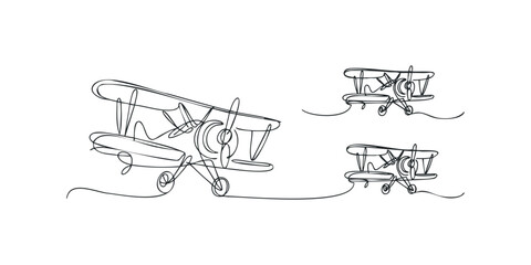 Fototapeta premium Three Vintage Biplane Aircraft Drawn with Single Line Style