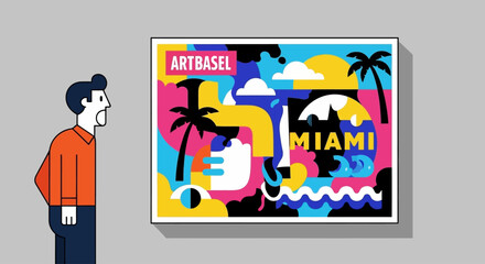 This flat design vector illustration showcases a bold, pop art-inspired piece at Art Basel Miami Beach, reflecting the event's vibrant and diverse artistic offerings.