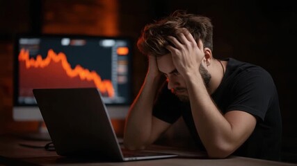 Young man holding head desk front of laptop and monitor with falling stock chart, frustrated anxious investor coping with finance loss and late night trading stress, stressed posture dim home office - Powered by Adobe
