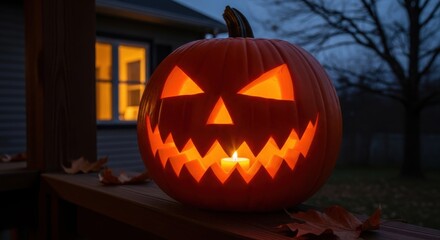 Eerie jack-o'-lantern glowing in the night casting a warm light at twilight on a chilly autumn
