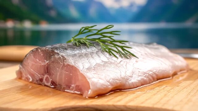 Fresh Raw Fish Steak with Rosemary on a Wooden Board.