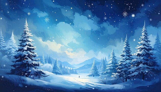 A serene winter scene painted with soft blues and whites. Fluffy snow covers evergreen trees under a starry, cloudy sky. A figure stands afar - Powered by Adobe