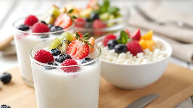 Healthy Breakfast Spread with Fresh Berry Yogurt and Cottage Cheese.